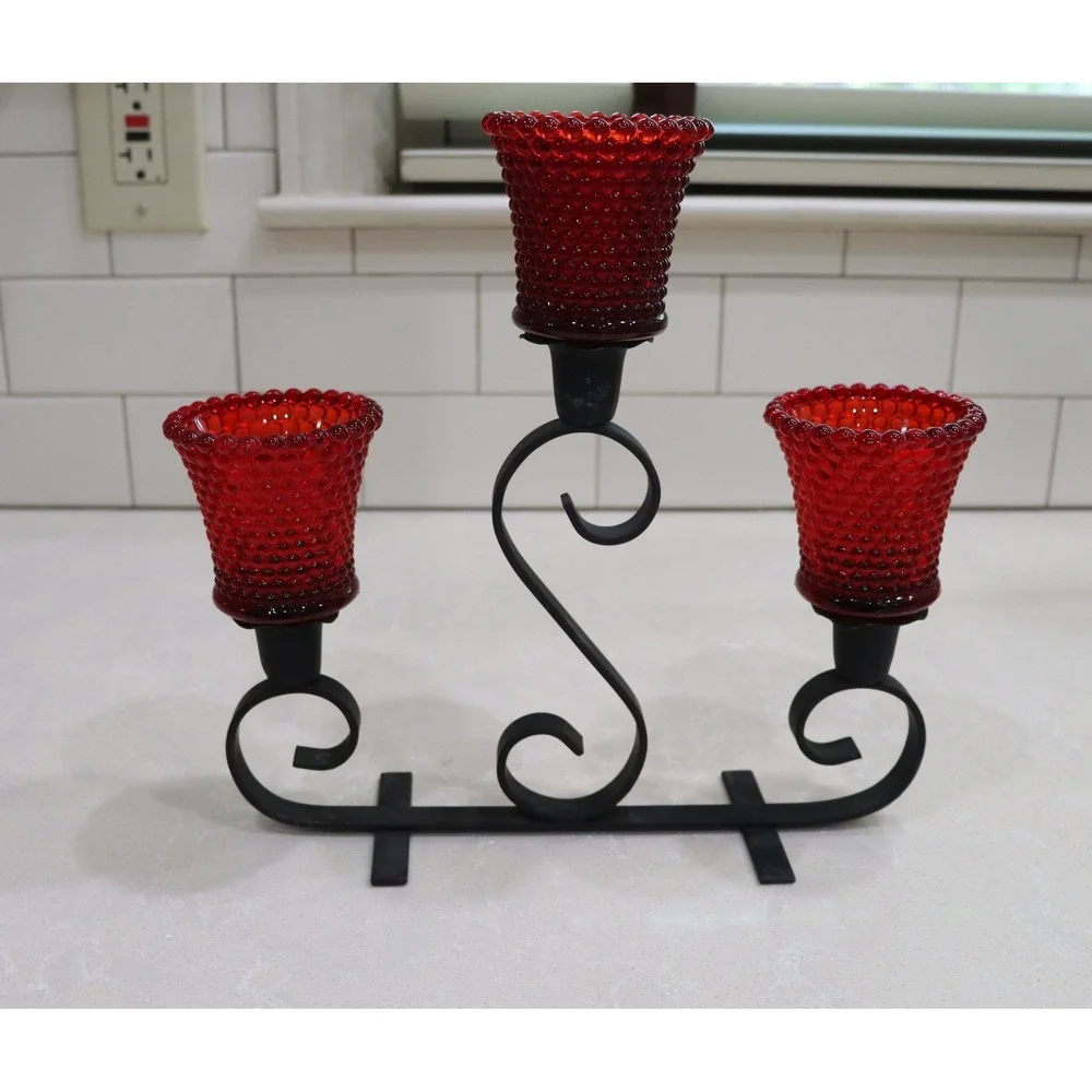 Wrought Iron Candelabra with 3 Red Hobnail Glass Votive Taper Holders Black
